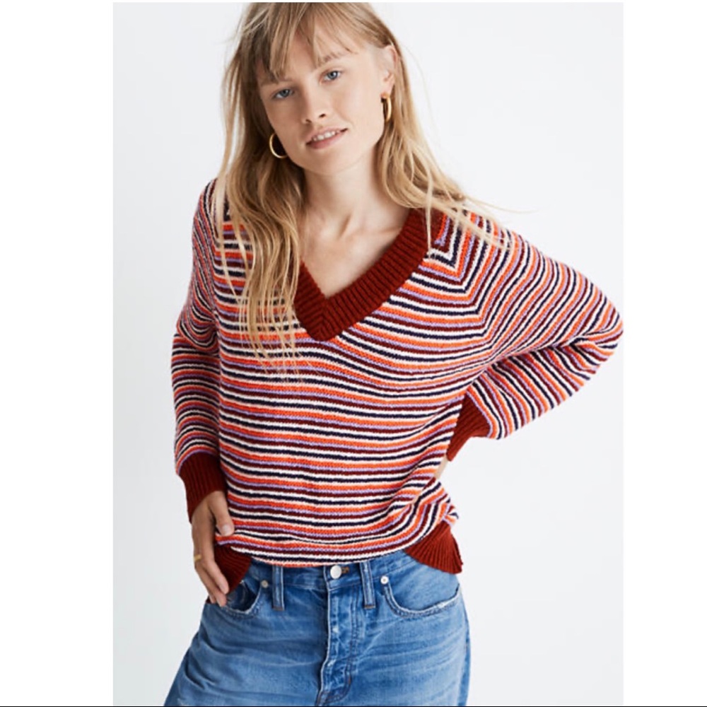 Madewell Arden Striped V-Neck Crop Pullover Sweater Size XL